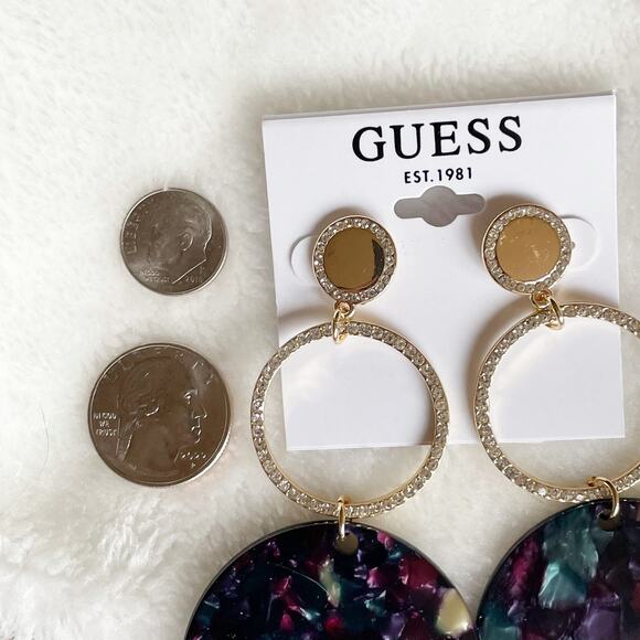 GUESS Triple Round Oversized Dangle Drop Earrings Gold Tone Pave Black New - Picture 6 of 7